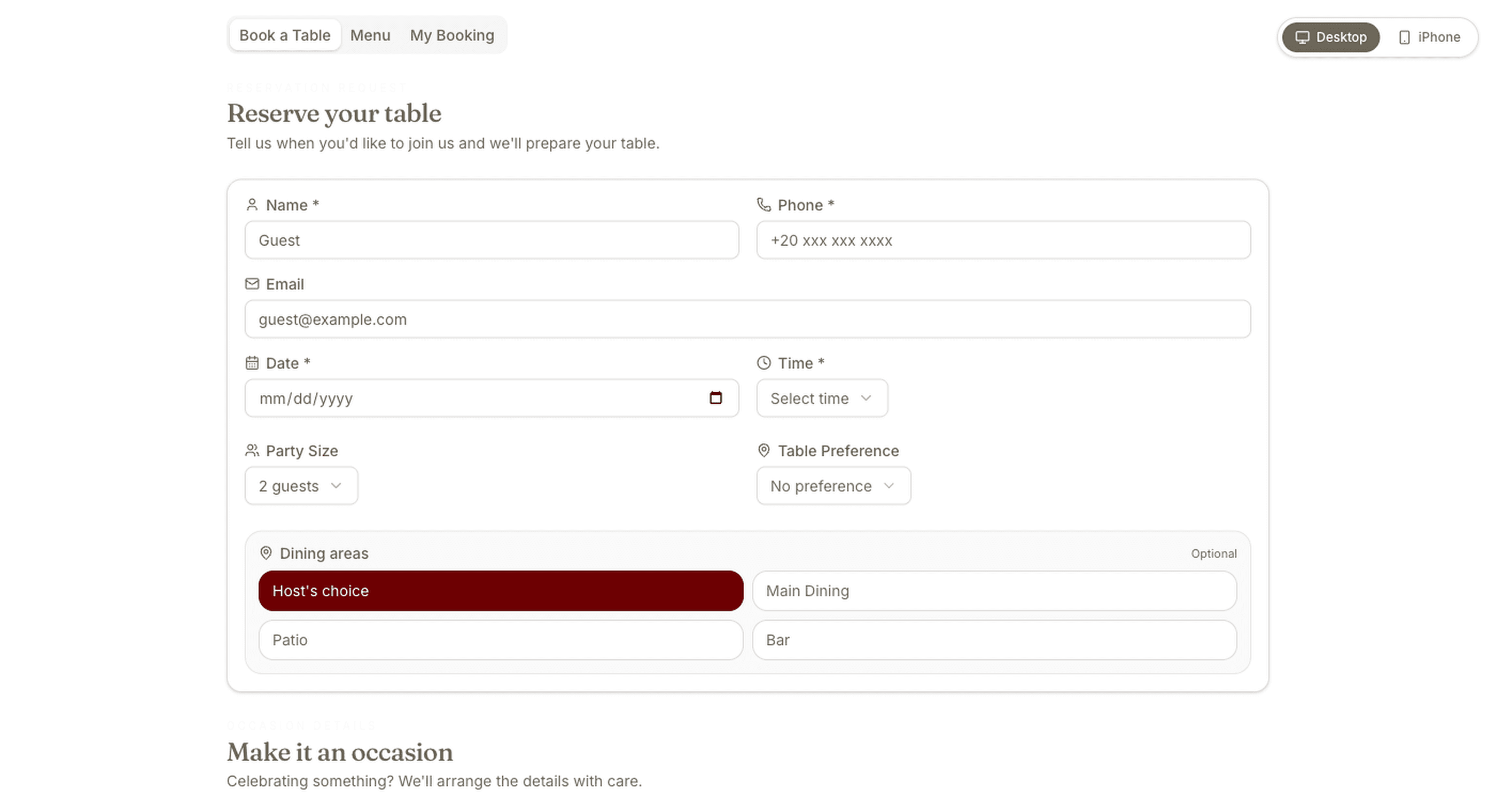 The guest booking page with the reservation form