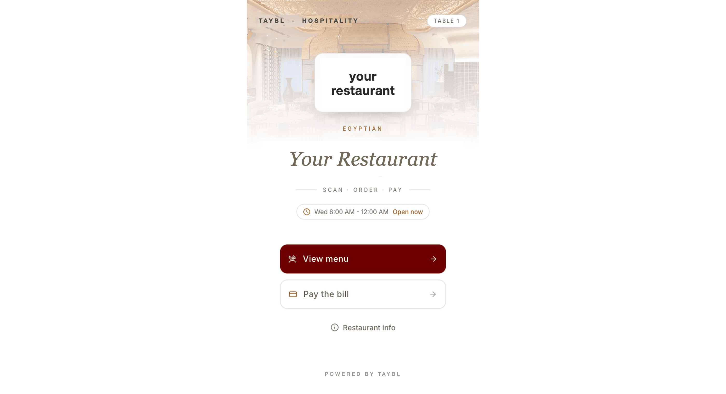 The guest QR landing page with the restaurant's brand and ordering actions
